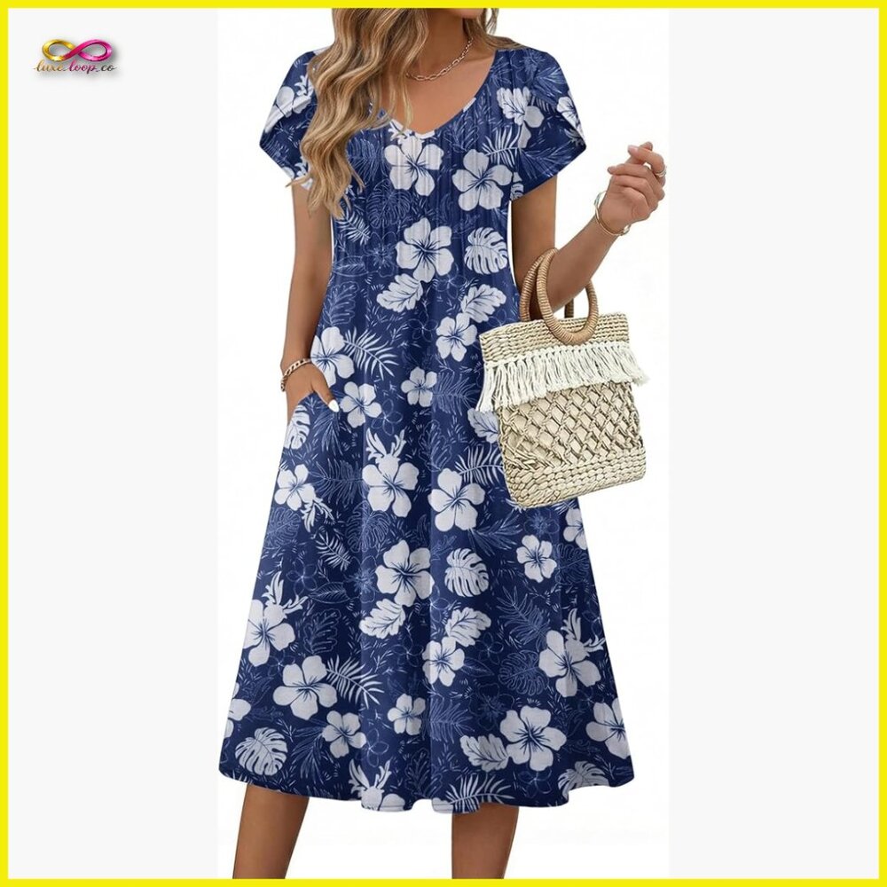 Boho Flowy Midi Dress With Pockets Casual Summer V-Neck A-Line Sundress